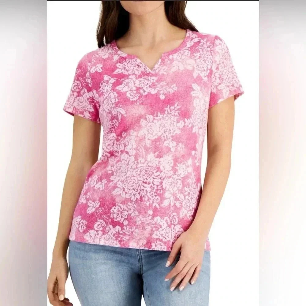 Karen Scott Denim Mask Split Neck Top Berry Ice